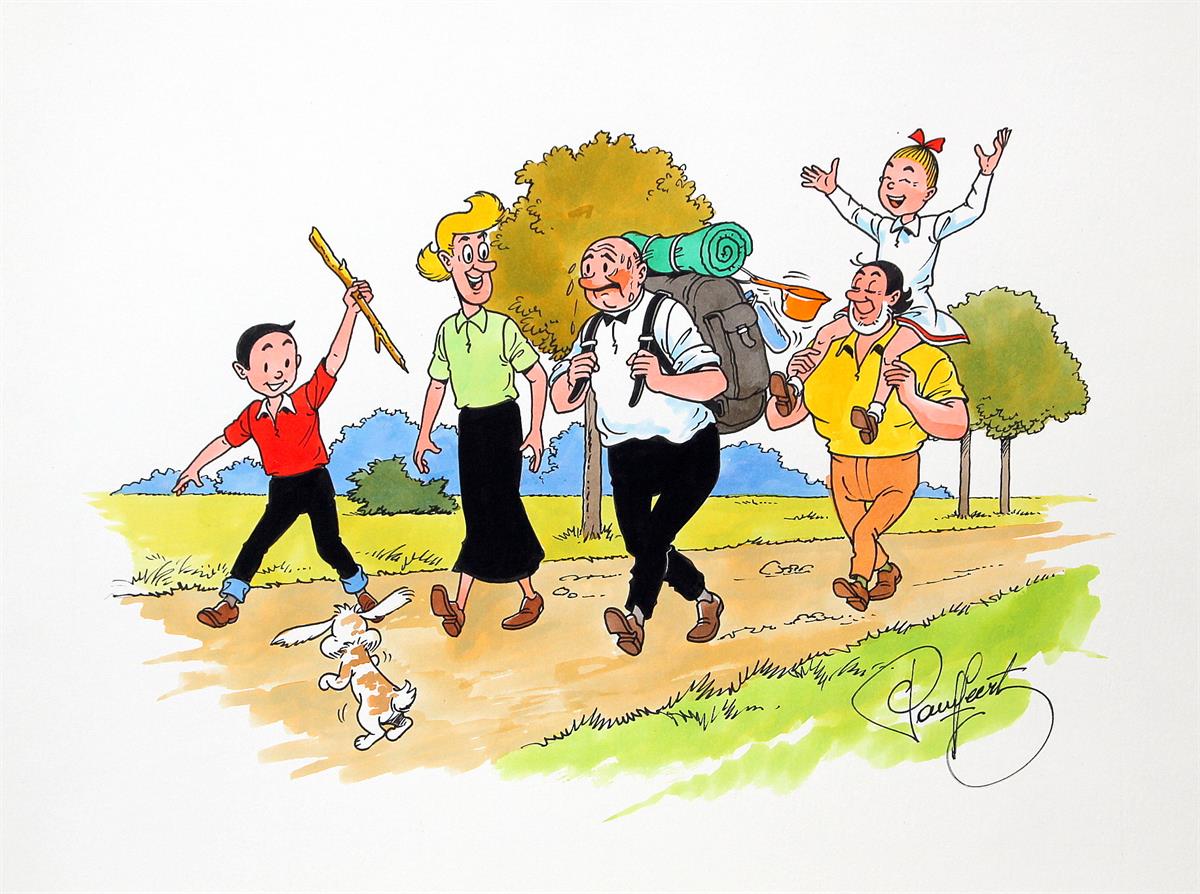 Suske en Wiske en hoofdfiguren. Op de wandel... Originele tekening door